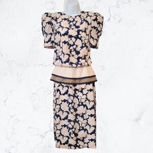 Vintage 80's Act 1 Peachy Pink, White & Blue Floral Peplum Dress